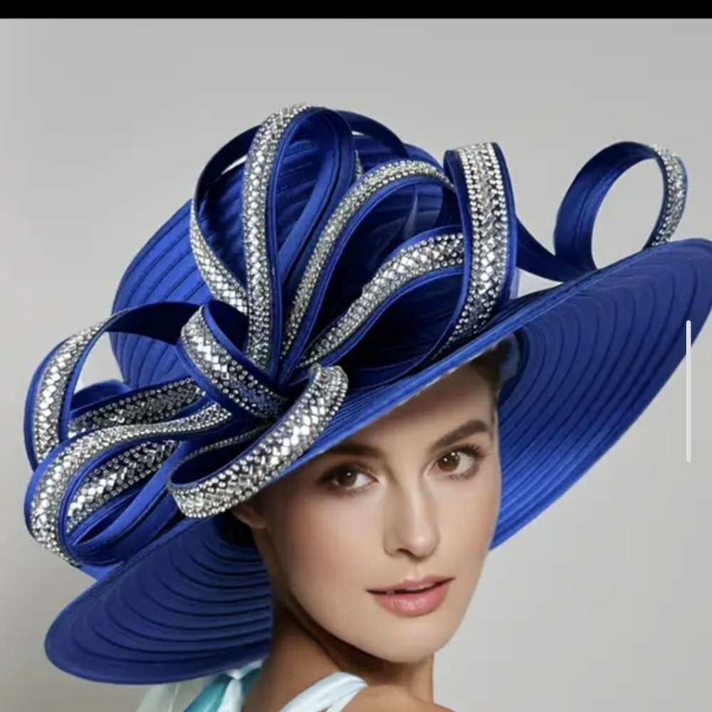 Royal Blue Women's Dress Hat with Crystal Ribbon Accents